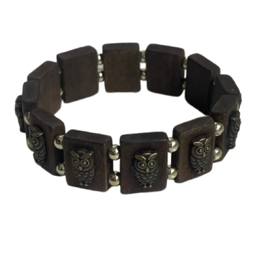 Beaded Owl Wooden Stretch Bracelet Owl Infinity Charm Bracelet